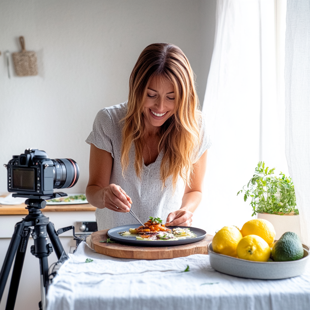 Olivia preparing a recipe at her kitchen counter with a camera setup – food blogger behind Easy Recipes by Mom