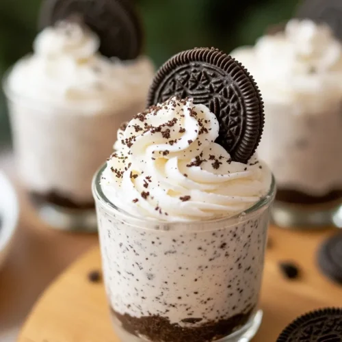 No-bake OREO cheesecake cups topped with whipped cream and crushed cookies in glass jars