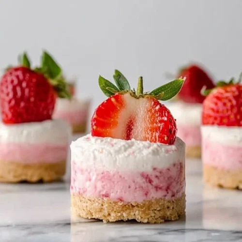 Mini strawberry cheesecake no bake topped with fresh strawberries