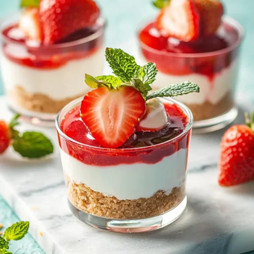 Easy no-bake cheesecake cups with Greek yogurt, topped with fresh strawberries in mini glass jars