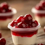 3-Ingredient No-Bake Cheesecake Cups Without Condensed Milk topped with cherry sauce in clear cups