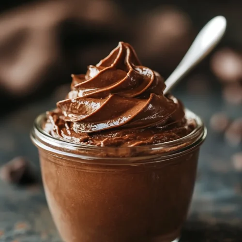 Close-up of a creamy no-bake chocolate pudding cup in a glass jar with a swirl on top, natural light