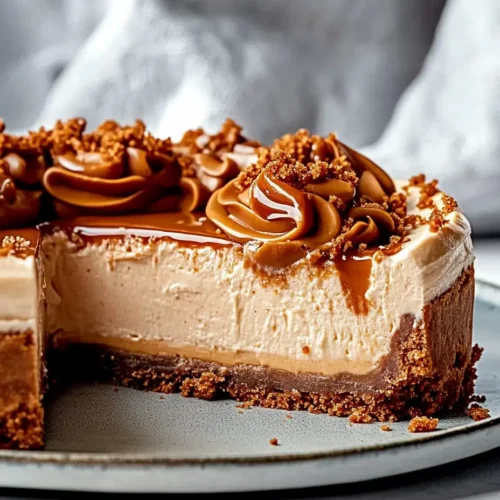 Slice of no-bake Biscoff cheesecake topped with melted cookie butter and crushed cookies