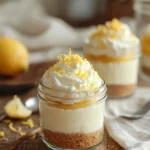 Close-up of homemade no-bake lemon cheesecake in a mason jar with graham crust and whipped cream topping