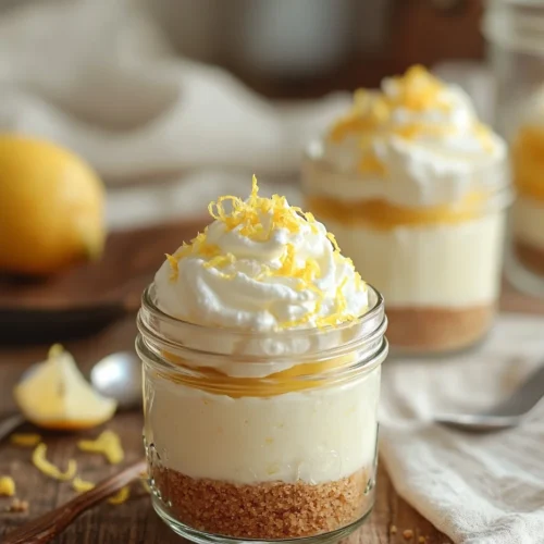 Close-up of homemade no-bake lemon cheesecake in a mason jar with graham crust and whipped cream topping