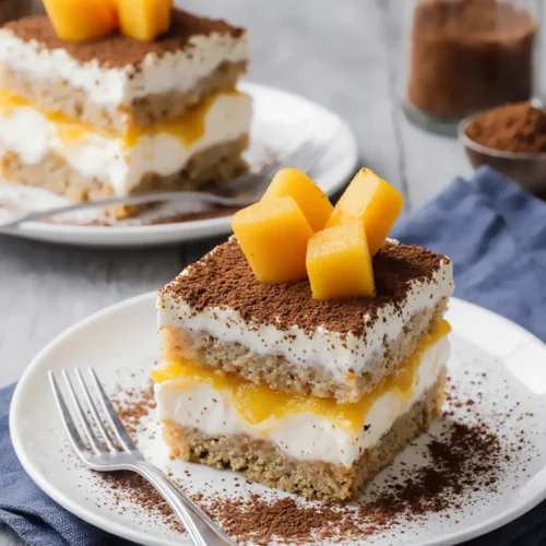 Layered mango tiramisu in a glass jar topped with fresh mango cubes – a no-bake summer dessert