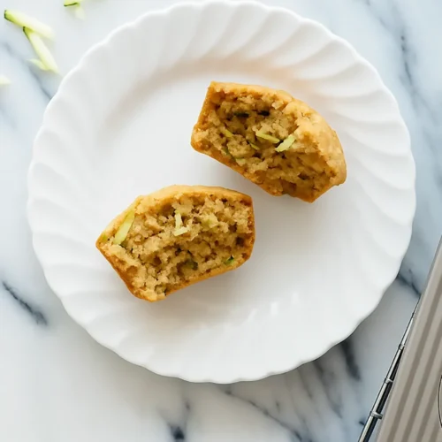 Two halves of a zucchini muffin on a white scalloped plate, shown beside a muffin tin