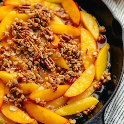 No-bake peach crisp in a skillet topped with oat crumble and fresh peaches